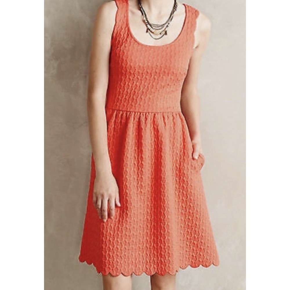 Maeve Quilted‎ Sun Dress Tank Knit Party Orange Scalloped Sleeveless Small